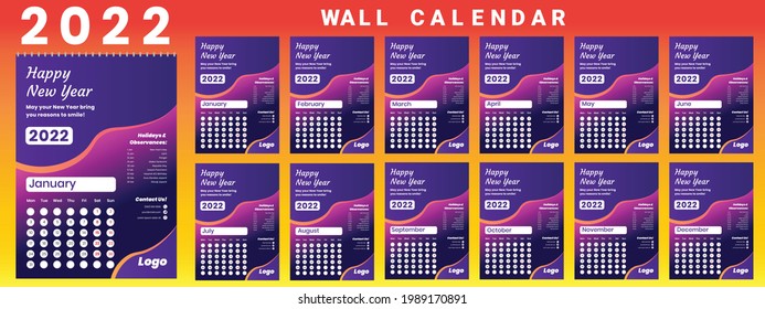 Calendario imprimible 2022, Calendario de pared, semana comienza el lunes, diseño de papelería, oficina organizadora, calendario 2022 con vacaciones, diseño de planificador, vector.