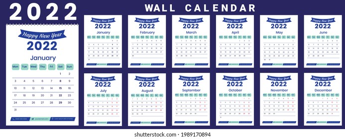 Printable calendar 2022, Wall calendar, week starts on monday, stationery design, organizer office, calendar 2022 with holidays, planner design, vector.