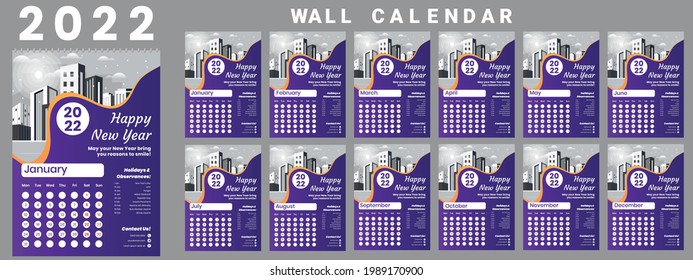 Printable calendar 2022, Wall calendar, week starts on monday, stationery design, organizer office, calendar 2022 with holidays, planner design, vector.