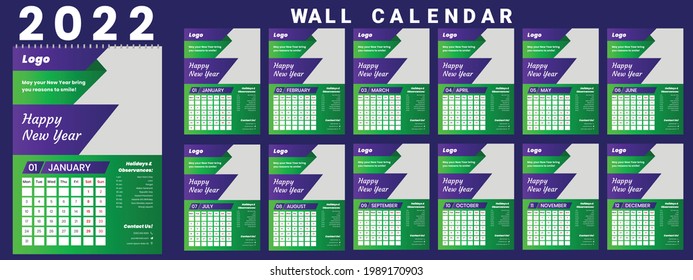 Printable calendar 2022, Wall calendar, week starts on monday, stationery design, organizer office, calendar 2022 with holidays, planner design, vector.