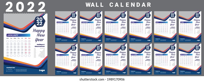 Printable calendar 2022, Wall calendar, week starts on monday, stationery design, organizer office, calendar 2022 with holidays, planner design, vector.