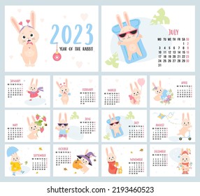 Printable Calendar 2023 with rabbit. planner organizer. Vector covers and 12 month, A4 horizontal pages. Week from Monday in English. hare character mascot symbol year. Cute Easter Bunny, Halloween