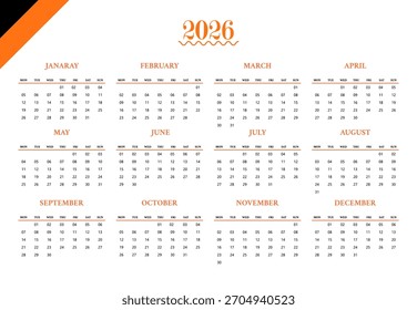 Diseño de calendario imprimible 2026, Diseño de calendario simple 2026, Diseño de calendario de escritorio de Vector, Calendario 2026