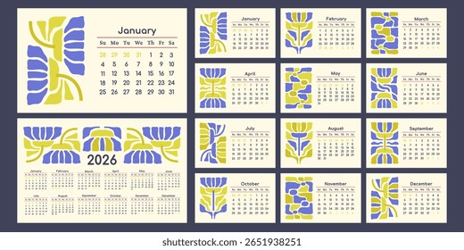 Modelo Calendário 2026 imprimível para impressão de parede, desktop. Planejador diário horizontal com floral abstrato. Matisse flores arte. Páginas mensais para negócios. A semana começa no domingo. Ilustração vetorial
