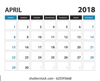 Printable calendar for April 2018, Planner design template,  Week starts on Sunday, Stationery design