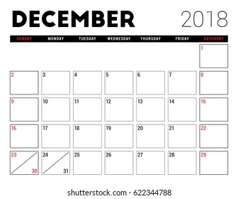 Printable calendar for December 2018. Planner design template. Week starts on Sunday. Stationery design
