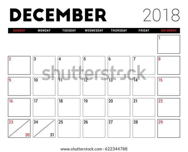 Printable Calendar December 2018 Planner Design Stock Vector (Royalty ...
