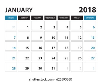 Printable calendar for January 2018, Planner design template,  Week starts on Sunday, Stationery design
