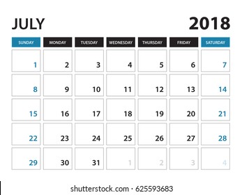 Printable calendar for July 2018, Planner design template,  Week starts on Sunday, Stationery design