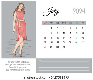 Printable Calendar July 2024 with Girl Illustration and Affirmations for Self