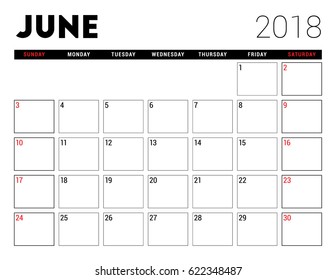 Printable calendar for June 2018. Planner design template. Week starts on Sunday. Stationery design