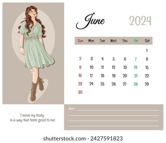 Printable Calendar June 2024 with Girl Illustration and Affirmations for Self