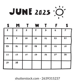 Printable calendar June 2025. Hand drawn design. Vector illustration on white background.