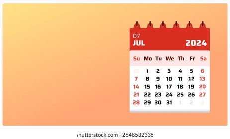Printable calendar layout July 2024. Orange calendar landscape. July 2024 calendar. 2024 Weekend on sunday. Flat grid design for post or promotion. Vector illustration.