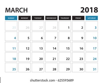 Printable calendar for March 2018, Planner design template,  Week starts on Sunday, Stationery design