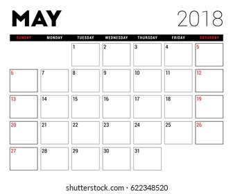 Printable calendar for May 2018. Planner design template. Week starts on Sunday. Stationery design