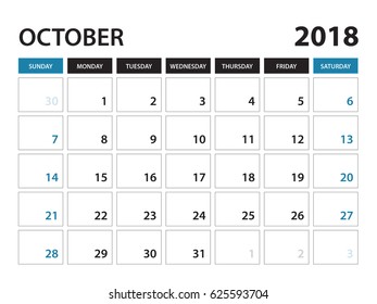 Printable calendar for October 2018, Planner design template,  Week starts on Sunday, Stationery design