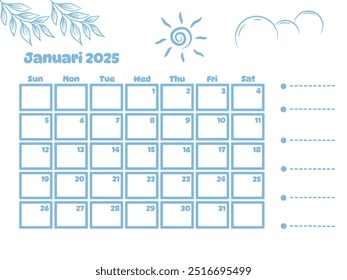 Calendario Planificador imprimible Enero 2025 con línea azul y floral, nube, sol