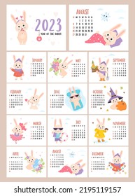Printable Calendar rabbit 2023. planner organizer. Vector covers and 12 month, horizontal pages. Week from Sunday in English. hare character mascot symbol year. Cute Easter Bunny, Halloween
