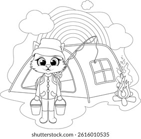 Printable Camping Cat Coloring Page