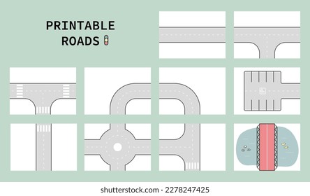 Printable Car Track Set. A4 size of pieces. Easy to fold. Vector eps10. Vintage flat style