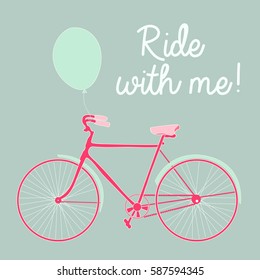 Printable card with cute spring design in pastel colors. Beautiful poster featuring a bicycle, ballon and text. Vintage green background.