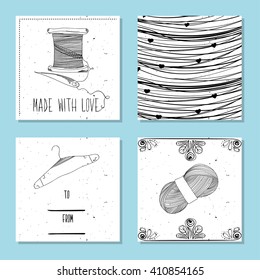Printable card for sites in the retro style of Hand-drawn. Sewing device and equipment for manufacturing and clothing and textiles. Hand-made. Vector illustration