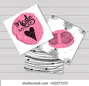 Printable card in the style of Hand-drawn. Sewing devices, devices for manufacturing, tailoring and textiles. Made with love. Skein of yarn for knitting. Fashion. Vector illustration