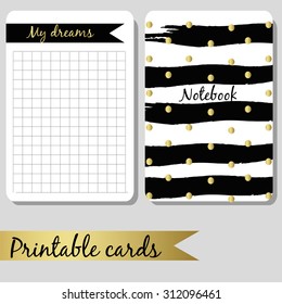 Printable cards for notes notebook, design notebook black and gold colors, brush stroke hand drawn