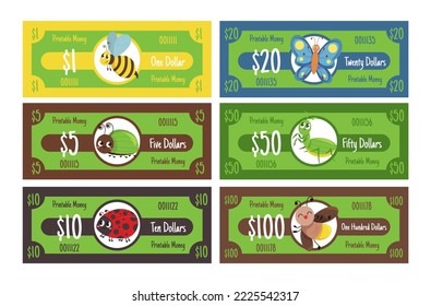 Printable cash money dollar with childish insect character currency banknote set vector flat illustration. Business payment finance for kids game playing with bug butterfly wasp ladybug grasshopper