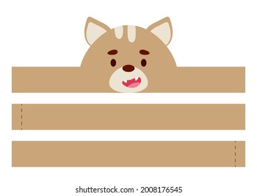 Printable cat paper crown. Diy cut party ribbon template for birthday, christmas, baby shower. Fun accessory for entertainment. Print, cut and glue. Vector stock illustration.