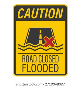 Cuidado imprimível sinaliza estrada submersa em água, simbolizando rua inundada e uma estrada fechada inundada.