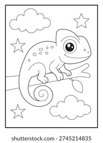 Printable Chameleon Coloring Sheet for Kids. Cute Tropical Lizard Line Art