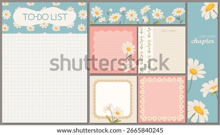 Printable Chamomile Templates. Daisies A5 to-do list, scotch tape print, bookmark, square sticker notes design. Vector design for paper goods