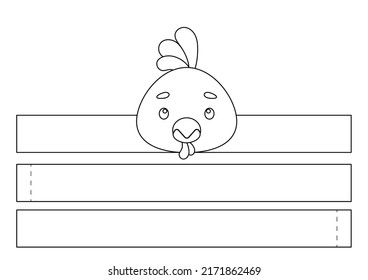 Printable chicken paper crown. Fun accessory for entertainment. Diy cut party ribbon template for birthday, christmas, baby shower. Print, color, cut and glue. Vector stock illustration.