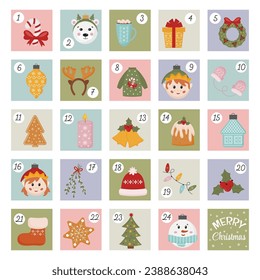 Printable Christmas advent calendar for kids with numbers winter holiday elements. Advent stickers, gift tags, holiday decoration. Christmas countdown. Vector elements.