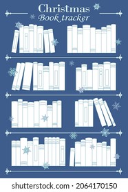 Printable Christmas Book Tracker. Many books on a bookshelf and snowflakes around vector illustration