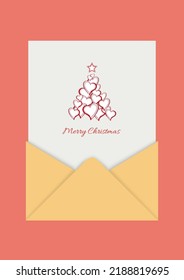 Printable Christmas card. Open envelope with paper sheet or invitation card template. Vector isolated illustration. 