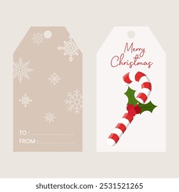 Printable christmas tag labels with front and back sides. Vector illustration of christmas tag with candy cane on the front and snowflakes on the back in flat style.