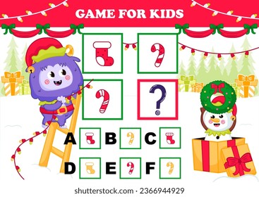 Printable christmas themed game for kids with yeti character and snowman dressed as elf and decorating christmas tree, trying to find answer for iq test, logical worksheet for winter holidays