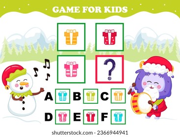 Printable christmas themed game for kids with yeti character and snowman dressed as elf and singing carols trying to find answer for iq test, logical worksheet for winter holidays