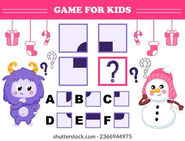 Printable christmas themed game for kids with yeti character with snowman trying to find answer for iq test, logical worksheet for winter holidays