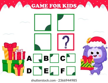 Printable christmas themed game for kids with yeti character with gift boxes trying to find answer for iq test, logical worksheet for winter holidays