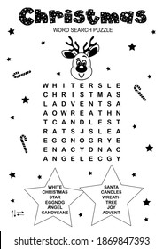Printable Christmas word search puzzle.  Worksheet about winter holidays. Educational game for  learning english. Vector eps 10