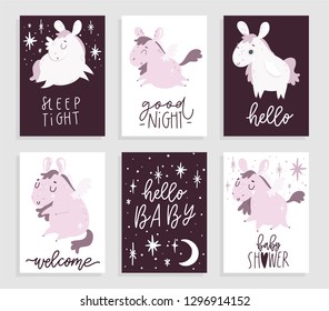 Printable collection of nursery cards with cute pegasus and lettering. Baby shower posters. vector illustrations