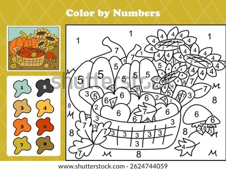 Printable color by numbers page for kids featuring cozy autumn garden with pumpkins, sunflowers, apples, mushrooms, and fall elements