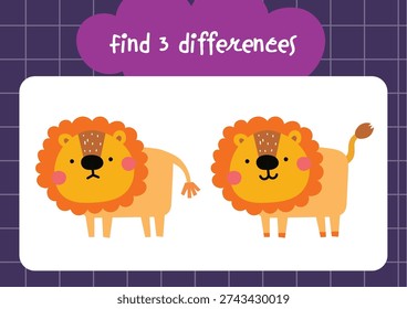 Printable colorful worksheet two cute illustrations where kids find three differences for fun learning, classroom activities, homeschooling, early childhood cognitive development.