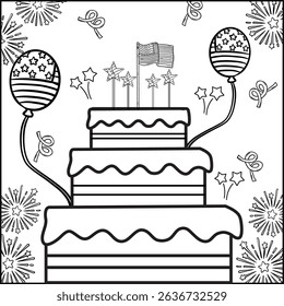 Printable coloring page 4th of July, Independence day United State of America. Coloring book activity. Outline vector illustration. Black and white line. Wavy flag,cake,fireworks,stars. Coloring book