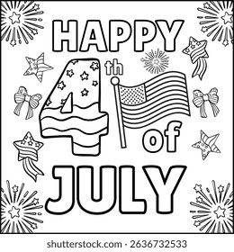 Printable coloring page 4th of July, Independence day United State of America. Coloring book activity. Outline vector illustration. Black and white line. Wavy flag, stars. Coloring book adult and kid