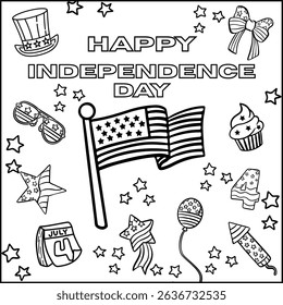 Printable coloring page 4th of July, Independence day United State of America. Coloring book activity. Outline vector illustration. Black and white line. Wavy flag, balloon, stars, ribbon.